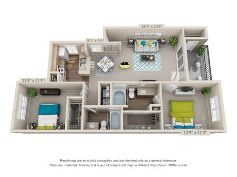 Floor plan for 2 beds, 2 baths, 1020 sqft